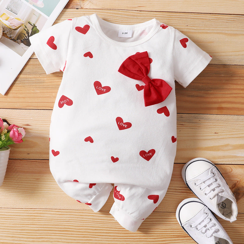 0-18M Baby Love Heart Bow Shorts-Sleeve Jumpsuit Wholesale Baby Clothing - PrettyKid