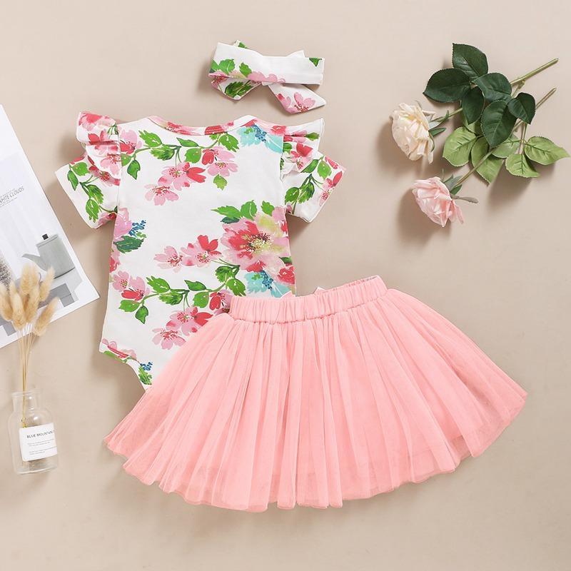 3-piece Floral Printed Bodysuit & Skirt & Headband for Baby Girl Children's Clothing - PrettyKid