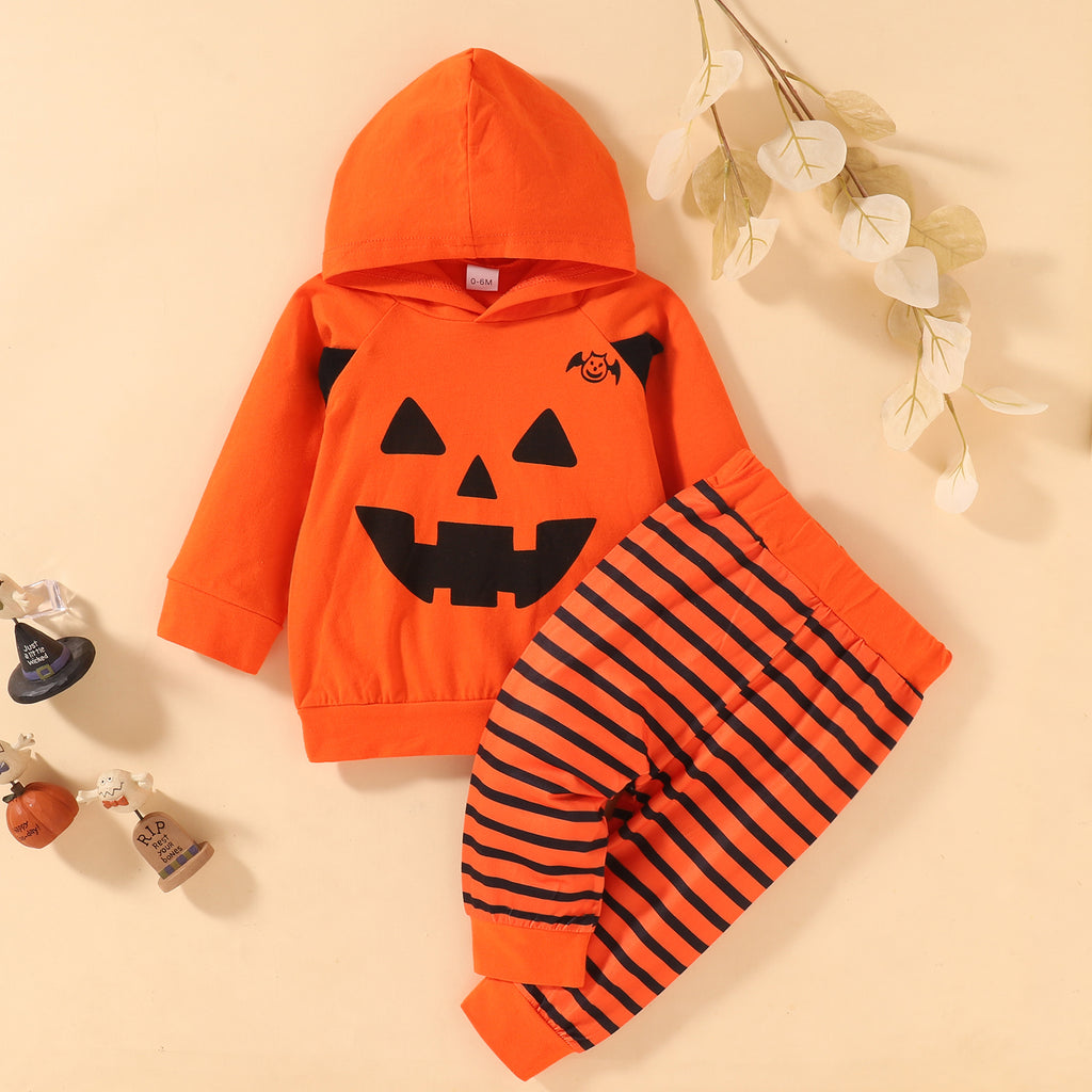 Toddler Kids Printed Halloween Pumpkin Hooded Cotton Long Sleeve Set - PrettyKid