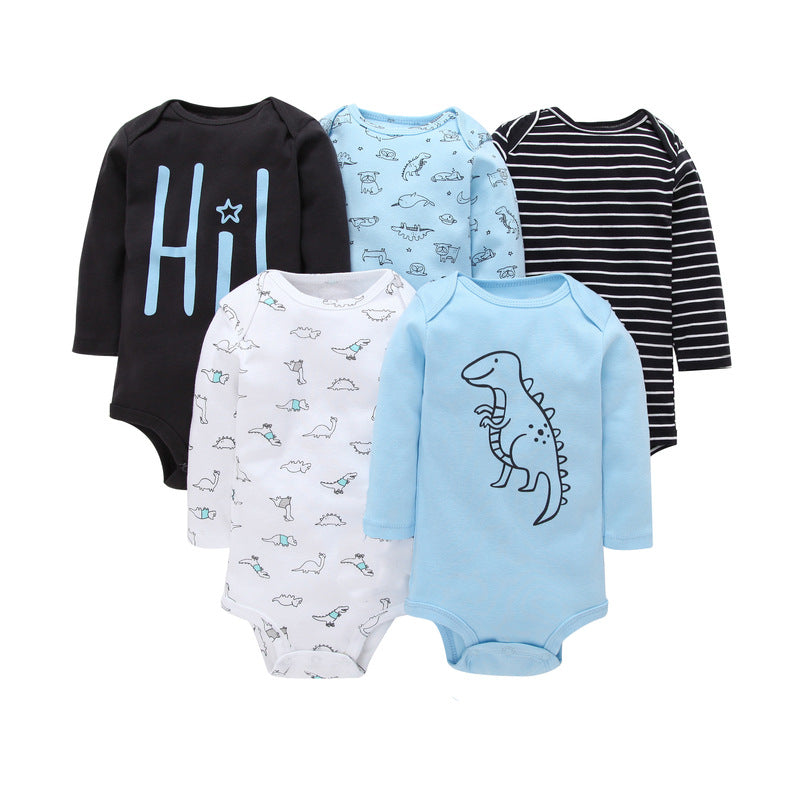 5PCS Baby Boys Girls Cotton Solid Color Printed Long Sleeve Triangle Jumpsuit - PrettyKid