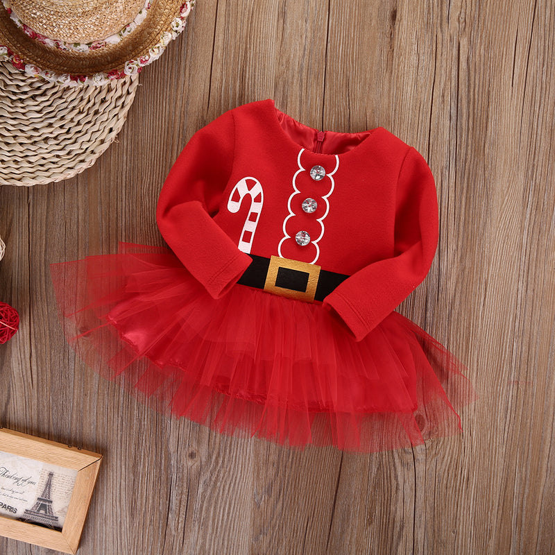 Toddler Kids Girls Round Neck Long Sleeve Santa Claus Gauze Dress Christmas Suit Children's Cotton Dresses Wholesale - PrettyKid