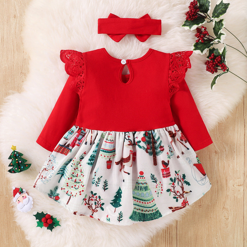 Christmas Lace Decoration Border Cartoon Print Baby Girl Romper Jumpsuit And Headband - PrettyKid