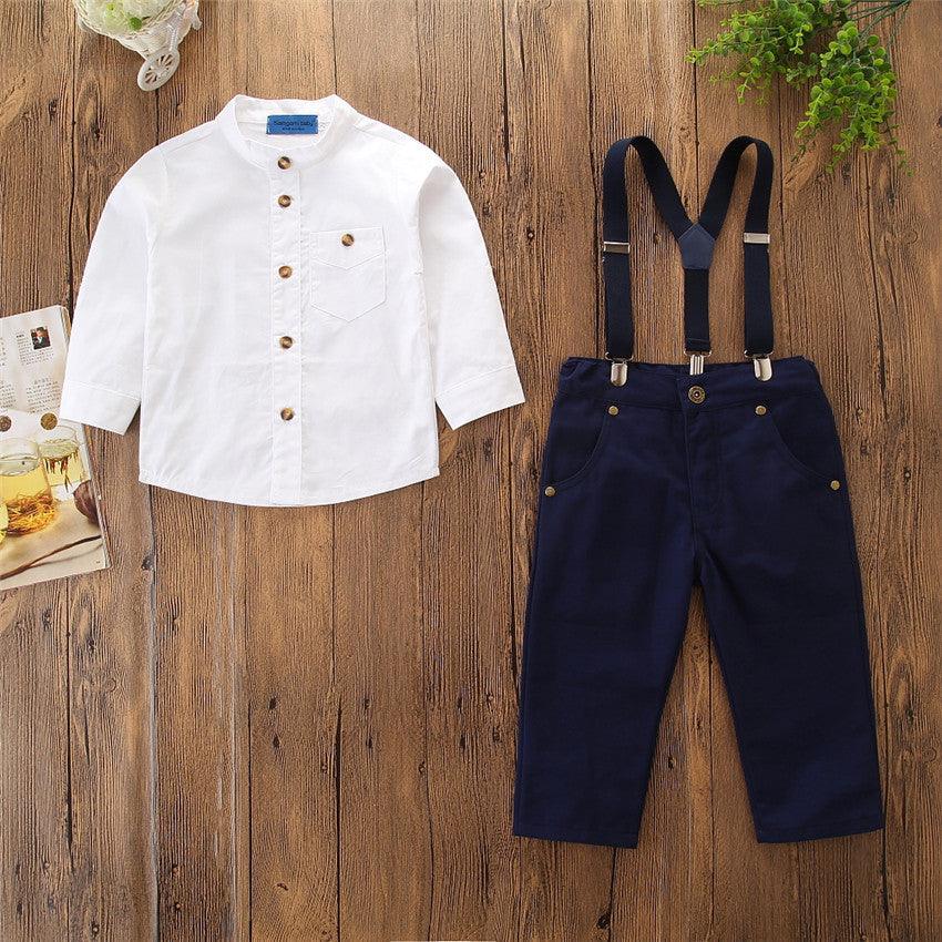 Toddler Kids Boys Gentleman White Shirt Suspender Suit - PrettyKid