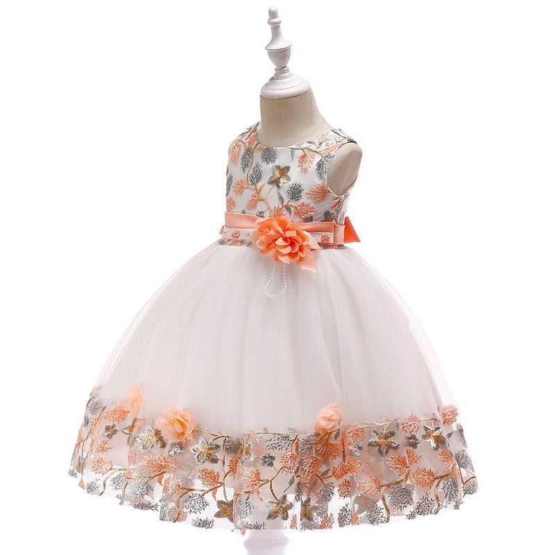 Kids Girls Flower Embroidered Mesh Stitched Sleeveless Puffy Dress Flower Girl Skirt - PrettyKid