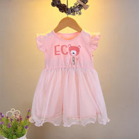 Toddler Girl Ruffle Sleeve Bear Mesh Hem Dress - PrettyKid