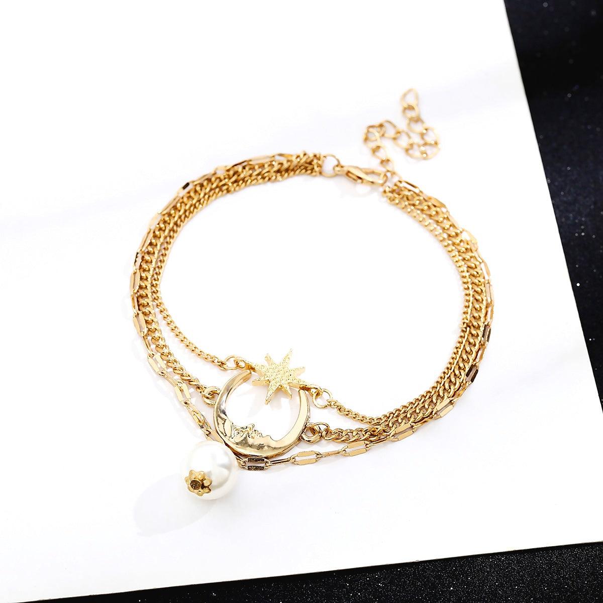 Moon Star Pearl Multi-level Foot Chain - PrettyKid