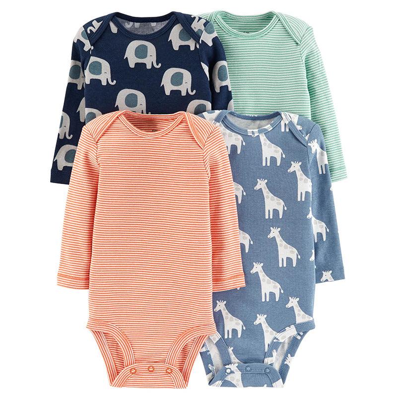 4pcs Baby Cute Cartoon Printed Long Sleeve Mixed Color Triangle Jumpsuit - PrettyKid