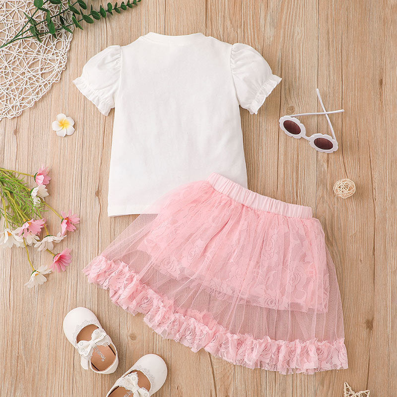 Baby Girls Puff Sleeve Top And Mesh Skirt Baby Outfit Sets - PrettyKid