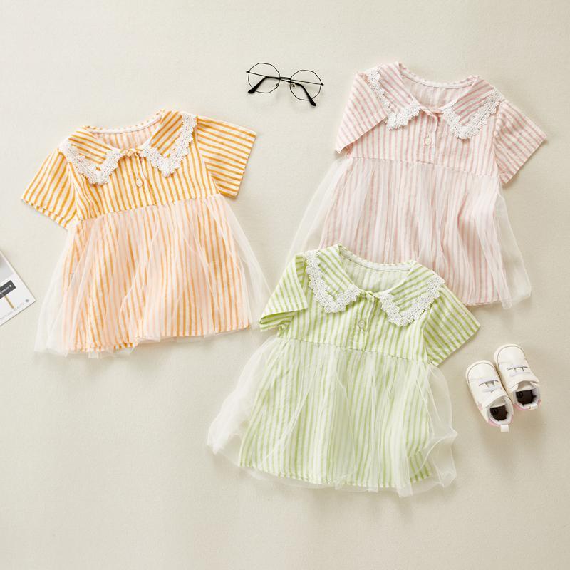 Baby Girl Color Stripes Lace Collar Mesh Hem Dress - PrettyKid