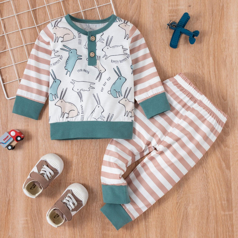 Bunny Print Top And Striped Pants Two Piece Baby Girl Sets - PrettyKid