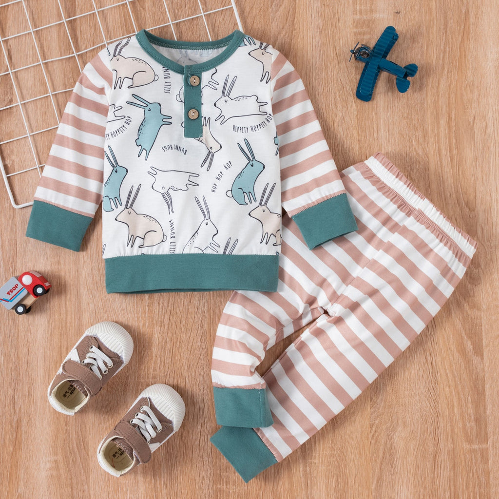 Bunny Print Top And Striped Pants Two Piece Baby Girl Sets - PrettyKid