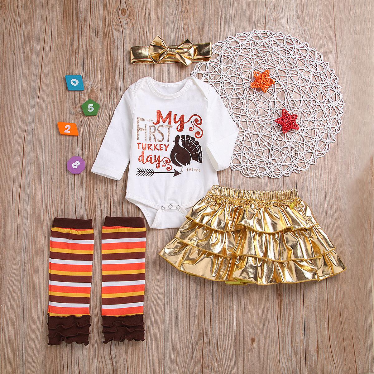 Baby Girls Thanksgiving Cartoon Turkey Print Long Sleeve Jumpsuit Short Skirt Headdress Leg Set Wholesale Baby Clothes - PrettyKid