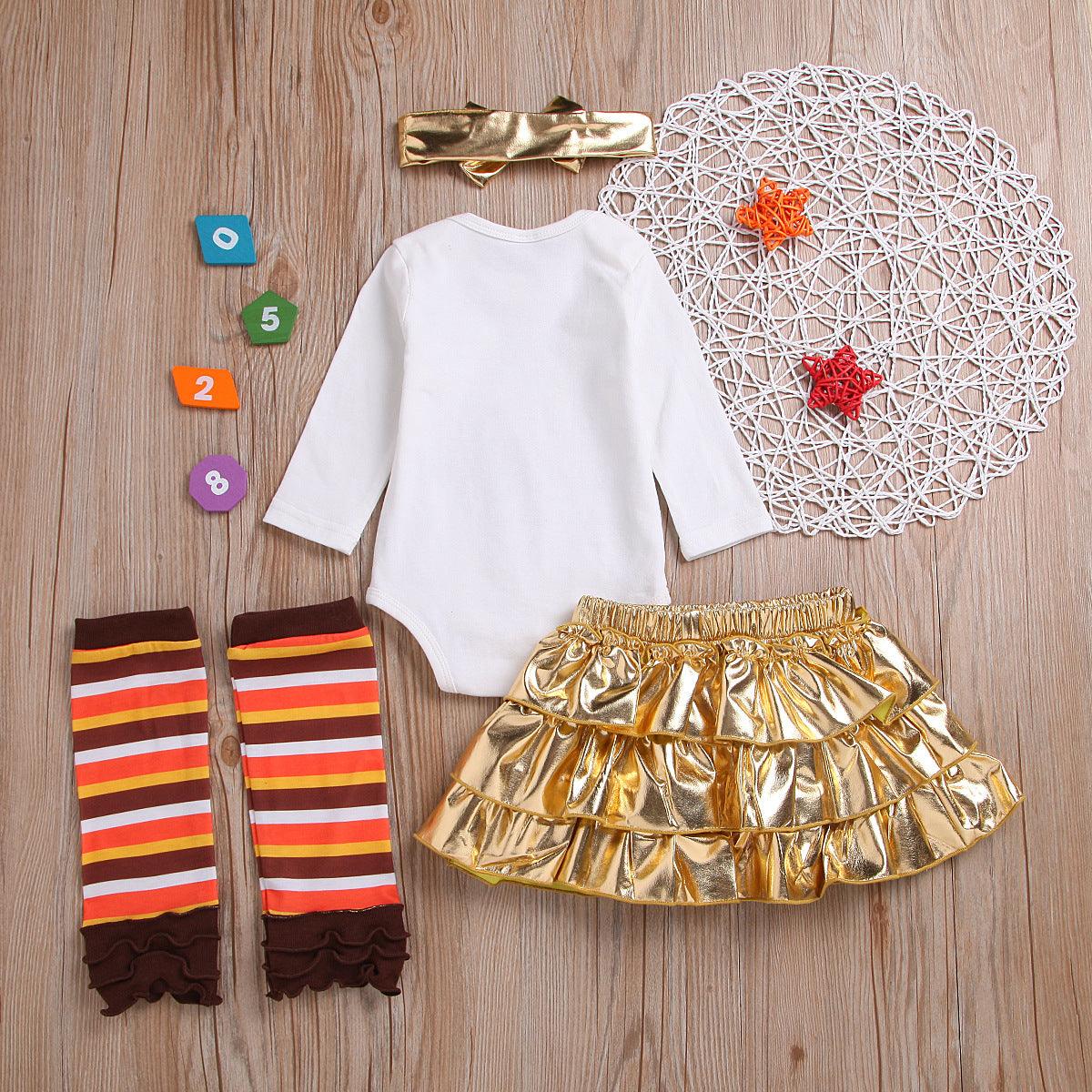 Baby Girls Thanksgiving Cartoon Turkey Print Long Sleeve Jumpsuit Short Skirt Headdress Leg Set Wholesale Baby Clothes - PrettyKid