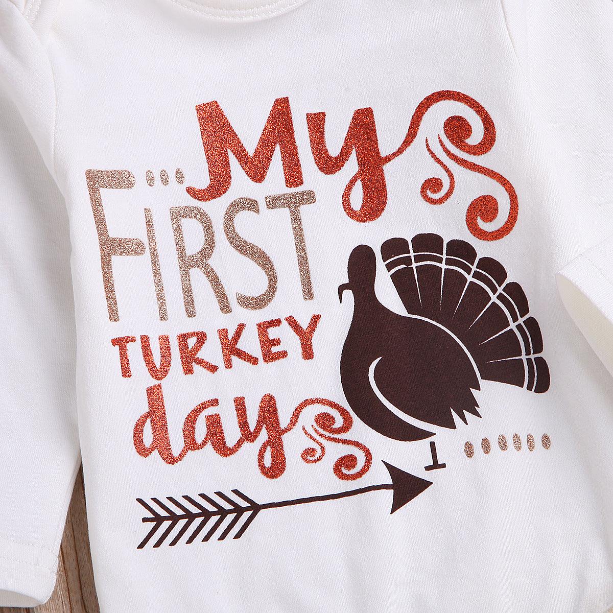 Baby Girls Thanksgiving Cartoon Turkey Print Long Sleeve Jumpsuit Short Skirt Headdress Leg Set Wholesale Baby Clothes - PrettyKid