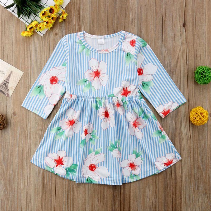 Girls Long Sleeve Dress Round Neck Flower Striped Skirt - PrettyKid