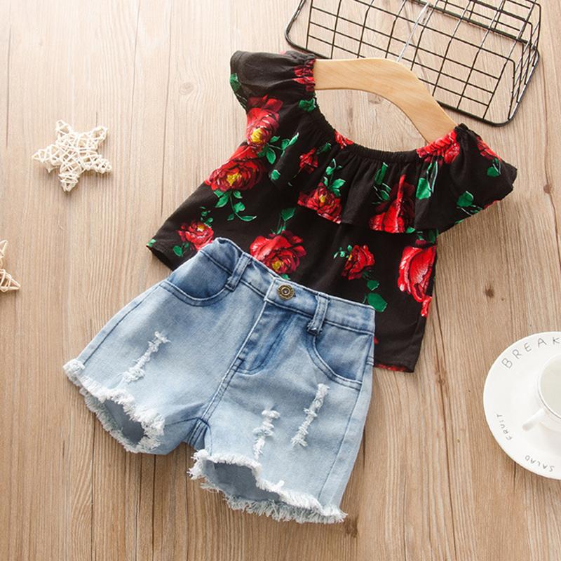 2pcs Fashion Floral Top and Jeans Wholesale children's clothing - PrettyKid