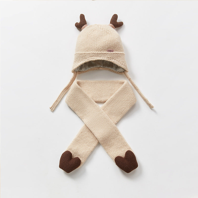 Baby Pure Color Antler Wool Hat And Scarf - PrettyKid
