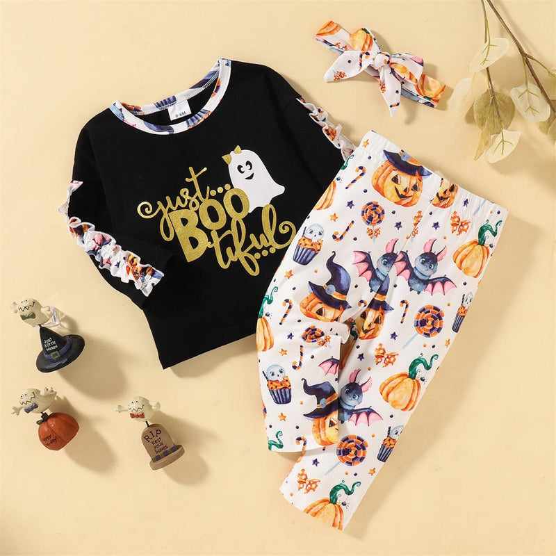 Toddler Kids Cartoon Ghost Print Coat Pants Set - PrettyKid