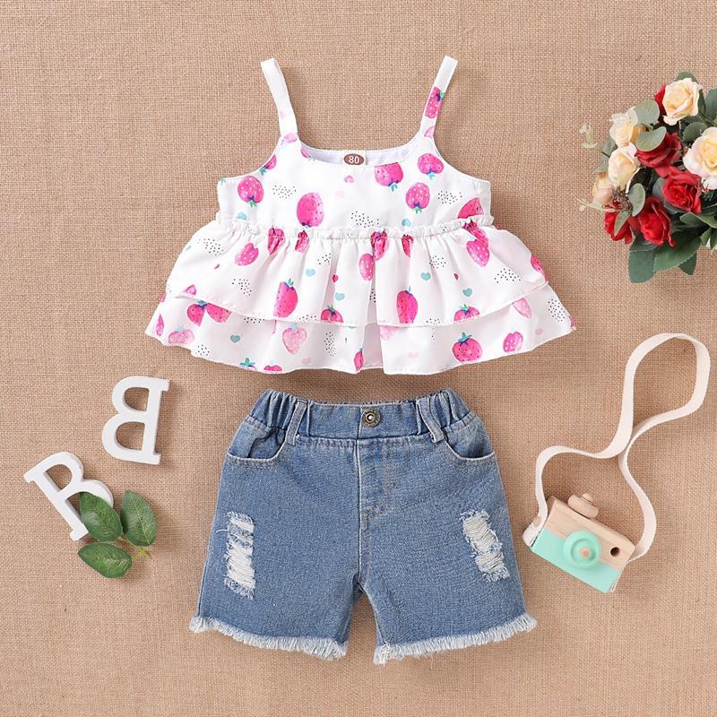 Toddler Girl Strawberry Print Cami Top & Denim Shorts - PrettyKid