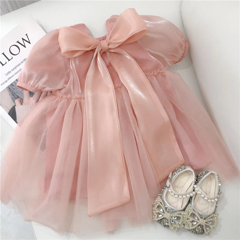 18M-6Y Cute Dresses For Girls Back Large Bow Stitching Short Sleeves Wholesale Toddler Clothing - PrettyKid