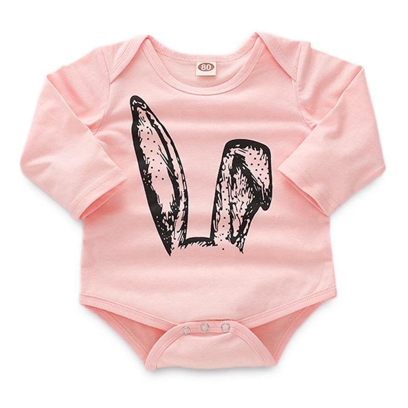 Baby Girls Solid Color Cute Rabbit Cartoon Print Long-sleeved Jumpsuit Set - PrettyKid