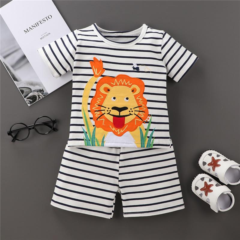 Cute Lion Printed Strip Tee and Shorts Set - PrettyKid