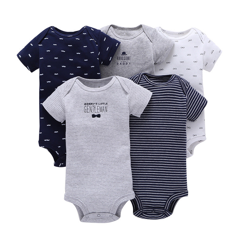 5PCs Set Jumpsuit Baby Boys Girls Short Sleeve Mixed Color Printing Triangle Jumpsuit Creeper 2 - PrettyKid