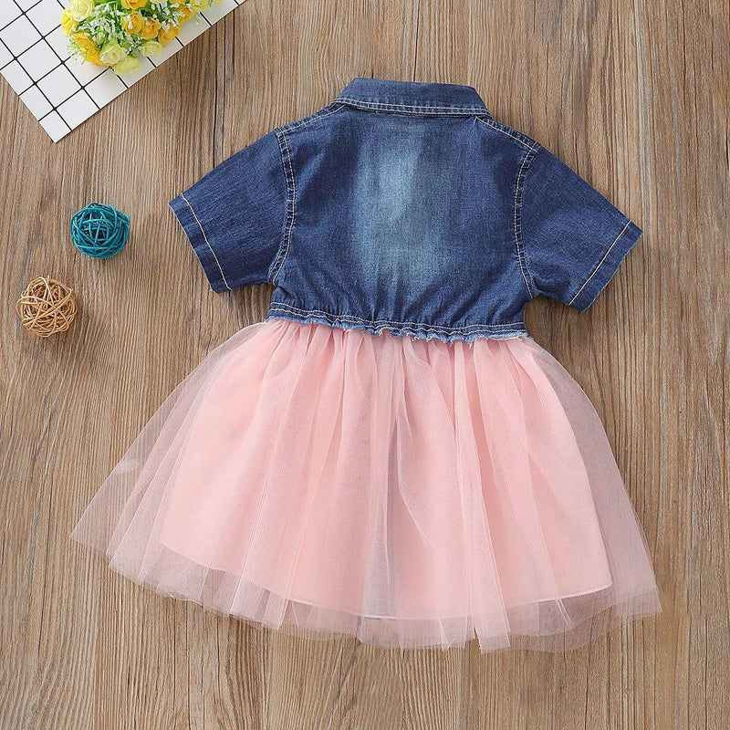 Toddler Girls Short Sleeve Denim Splice Mesh Pleated Skirt - PrettyKid