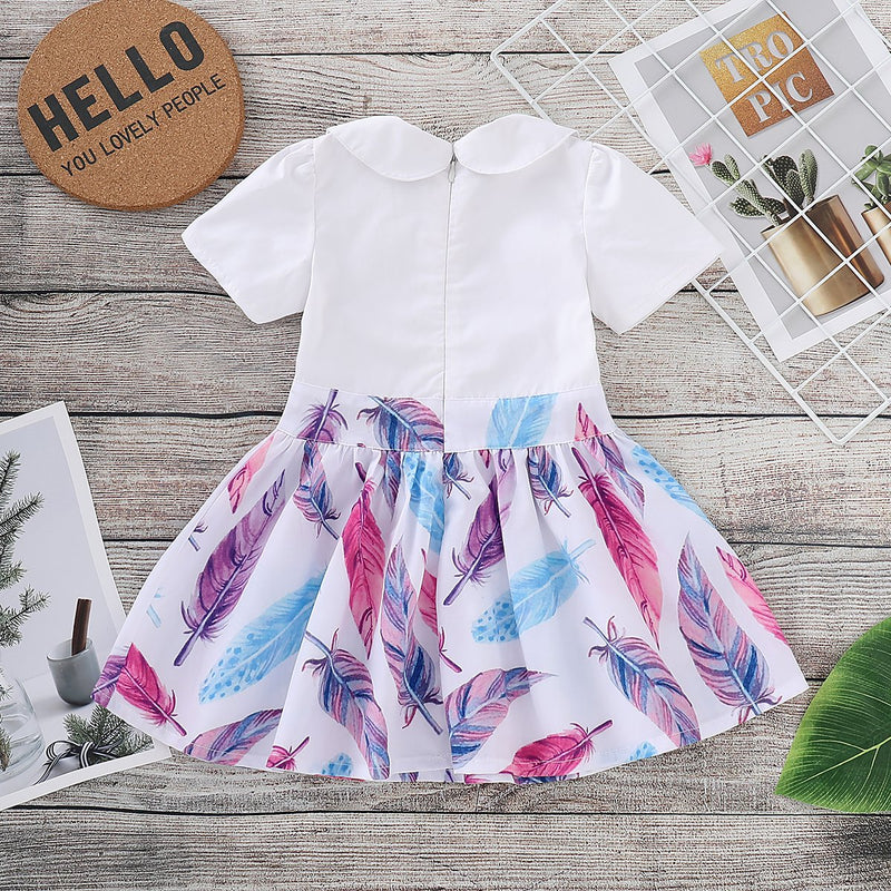 Toddler Girl Doll Collar Short Sleeve Feather Zip Dress - PrettyKid