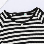 Toddler Girl Cotton Black And White Striped Off Shoulder Mesh Dress - PrettyKid