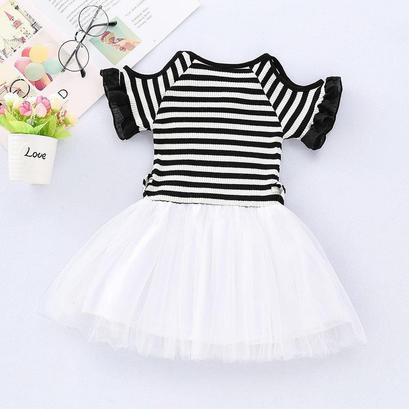 Toddler Girl Cotton Black And White Striped Off Shoulder Mesh Dress - PrettyKid