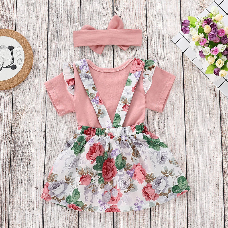 Toddler Girl 2-Piece Short Sleeve Floral Strap Skirt - PrettyKid