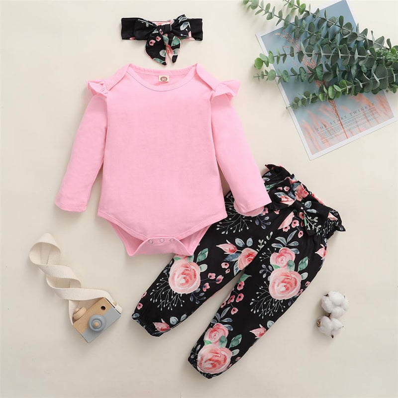 Baby Girls Solid Ruffled Long Sleeve Romper & Floral Printed Pants & Headband Baby Outfits - PrettyKid