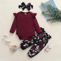 Baby Girls Solid Ruffled Long Sleeve Romper & Floral Printed Pants & Headband Baby Outfits - PrettyKid