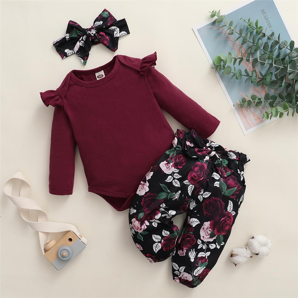 Baby Girls Solid Ruffled Long Sleeve Romper & Floral Printed Pants & Headband Baby Outfits - PrettyKid