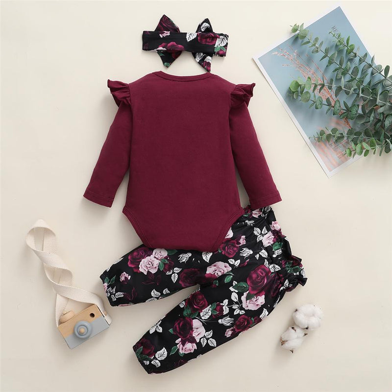 Baby Girls Solid Ruffled Long Sleeve Romper & Floral Printed Pants & Headband Baby Outfits - PrettyKid