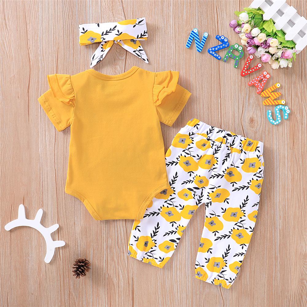 Baby Girls Letter Printed Short Sleeve Romper & Bow Floral Pants & Headband Baby Clothes Wholesale Bulk - PrettyKid