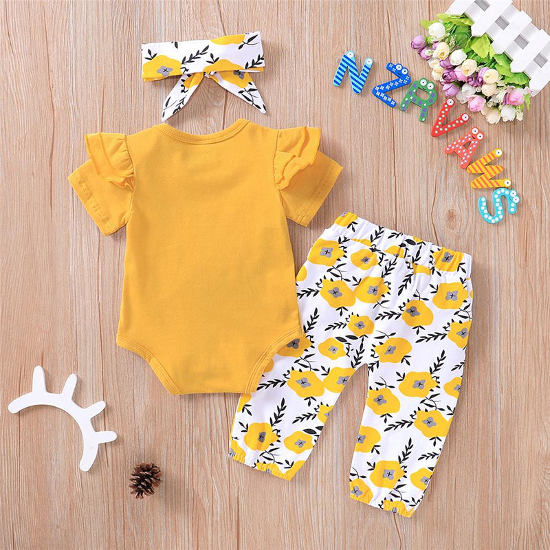 Baby Girls Letter Printed Short Sleeve Romper & Bow Floral Pants & Headband Baby Clothes Wholesale Bulk - PrettyKid