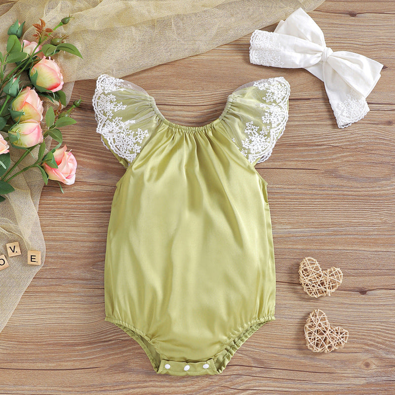 Baby Onesies Bulk Lace Flutter Sleeve Solor Color Bodysuit & Headband Wholesale Baby Clothes - PrettyKid