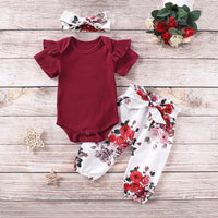 3-Piece Long-Sleeve Ruffled Bodysuit, Floral Pants and Headband Children's clothing wholesale - PrettyKid