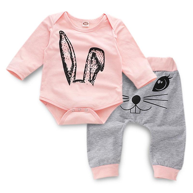 Baby Girls Solid Color Cute Rabbit Cartoon Print Long-sleeved Jumpsuit Set - PrettyKid