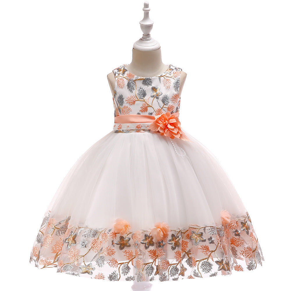 Kids Girls Flower Embroidered Mesh Stitched Sleeveless Puffy Dress Flower Girl Skirt - PrettyKid