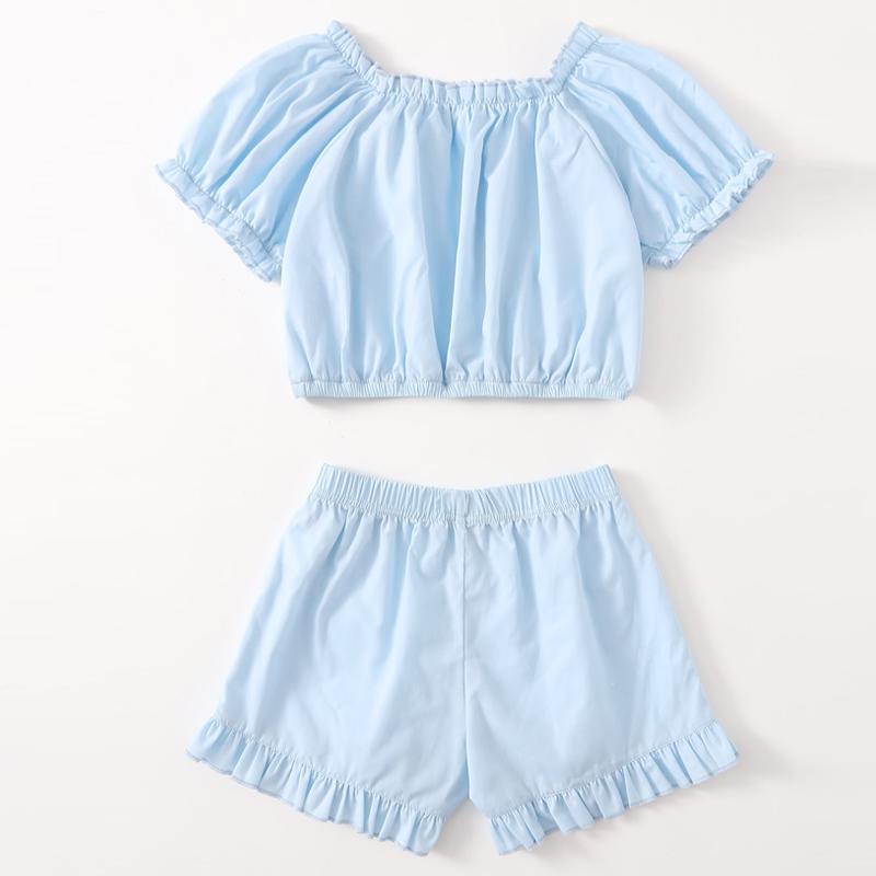 Girl Solid Color Ruffle Trim Top & Shorts - PrettyKid