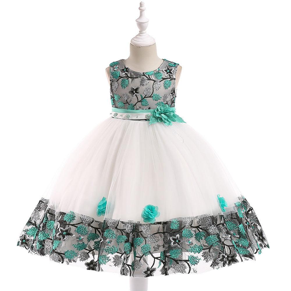 Kids Girls Flower Embroidered Mesh Stitched Sleeveless Puffy Dress Flower Girl Skirt - PrettyKid