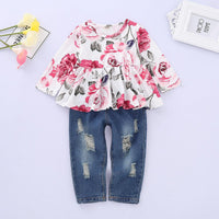 Toddler Kids Girls Rose Print Top Denim Pants Set - PrettyKid