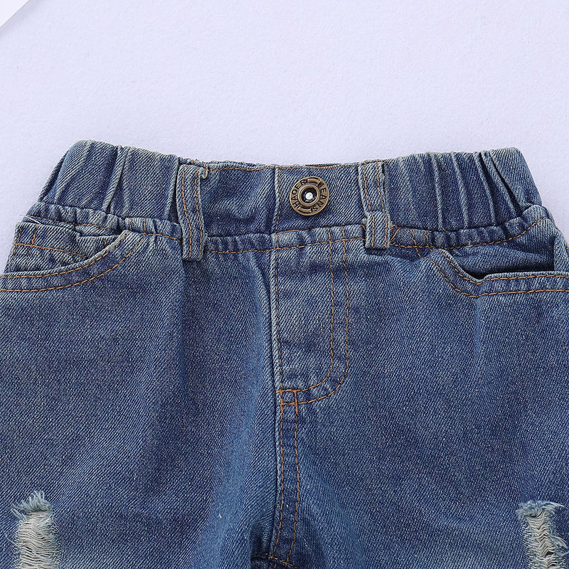 Toddler Kids Girls Rose Print Top Denim Pants Set - PrettyKid