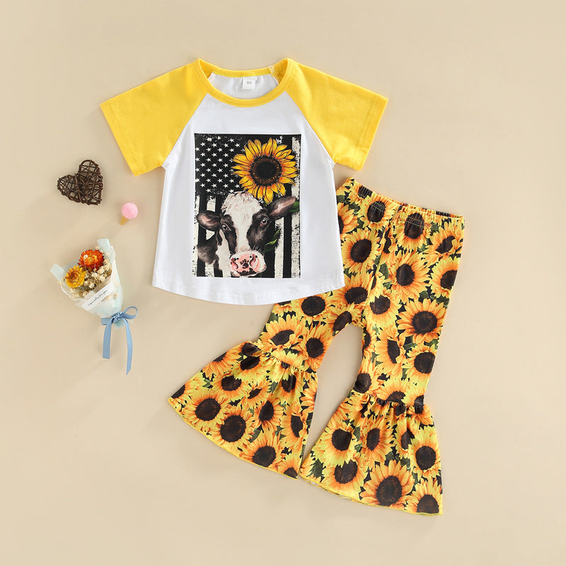 18months-6years Toddler Girl Sets Children's Clothing Wholesale Short-Sleeved Cartoon T-Shirt Children's Suit Flared Flower Trousers Two-Piece Set - PrettyKid