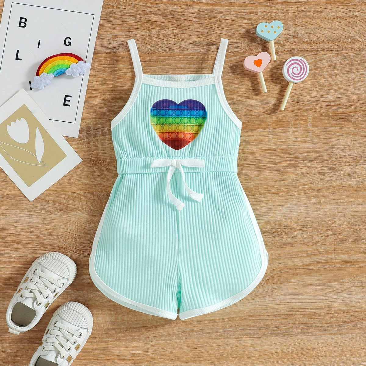 Baby Girl Love Rainbow Print Ribbed Bodysuit Baby Sleeveless Jumpsuit - PrettyKid