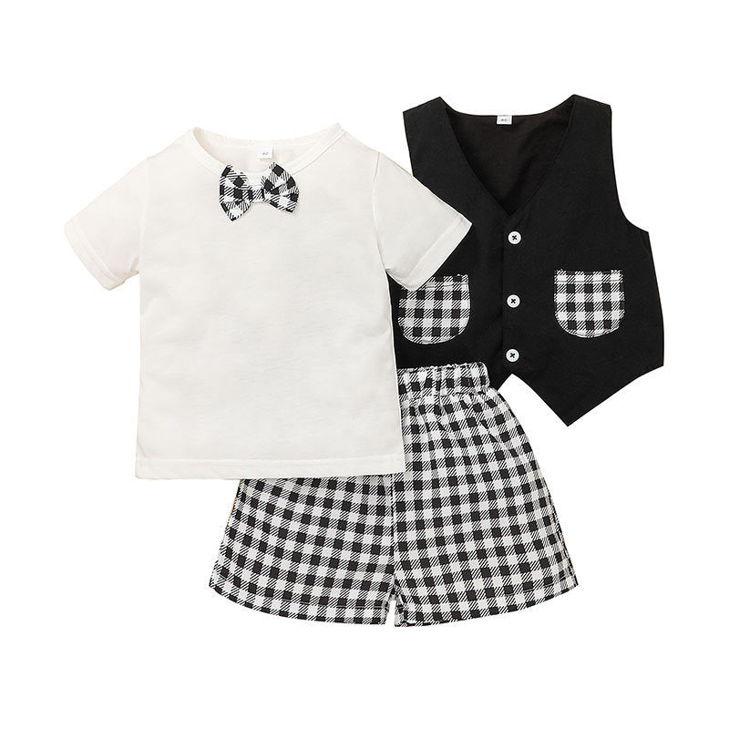 Bow Tie T-Shirt And Vest And Check Shorts Toddler Boy Sets - PrettyKid
