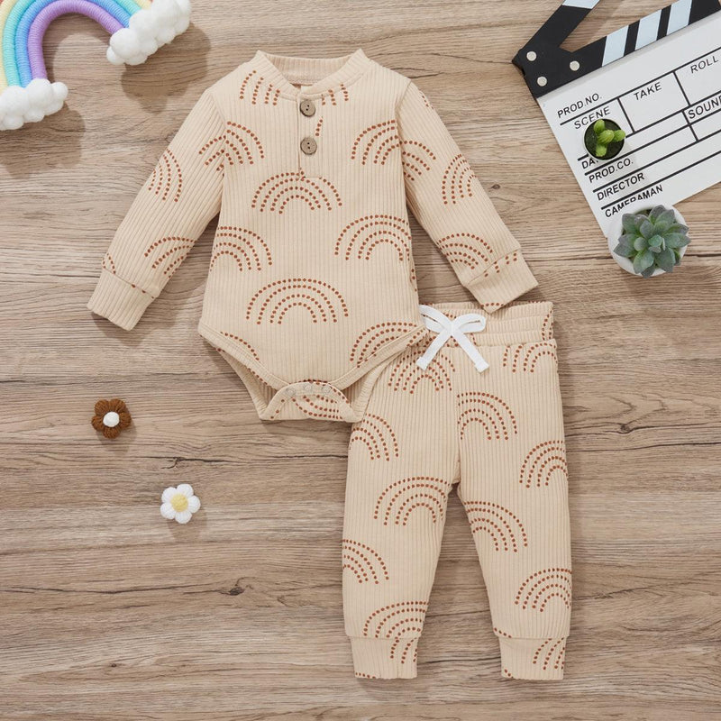 Baby Boy Rainbow Print Ribbed Bodysuit And Pants Two Piece Baby Sets - PrettyKid